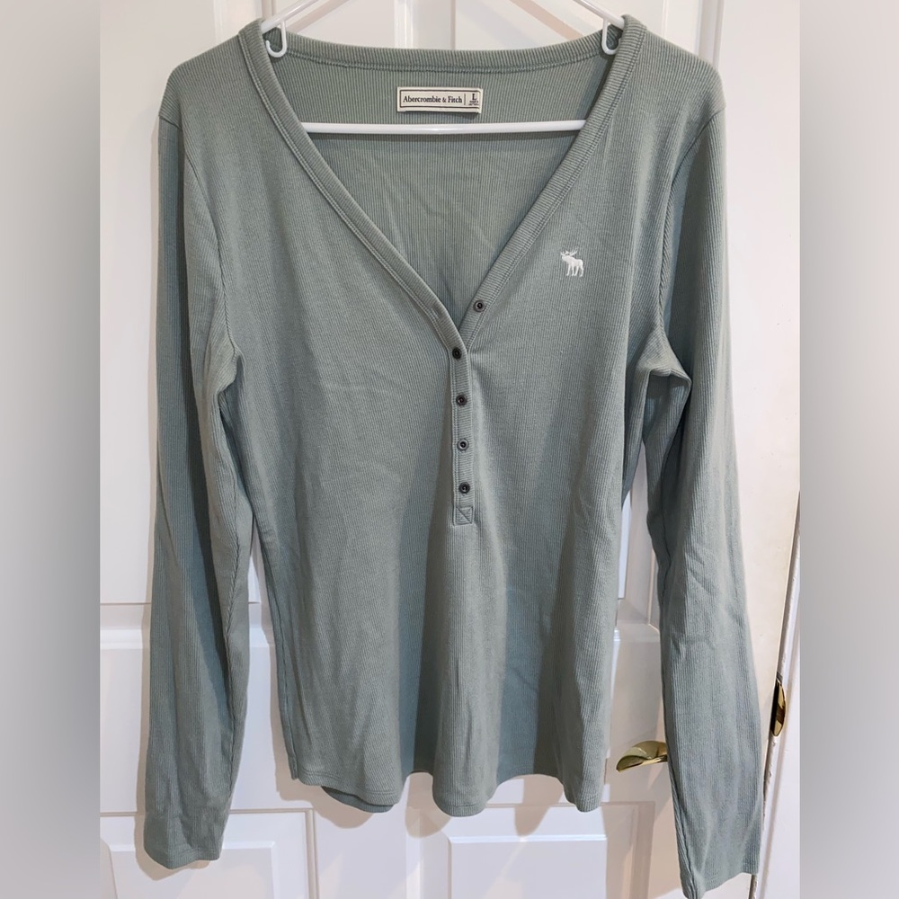 Green A&F Ribbed Henley Long Sleeve Shirt